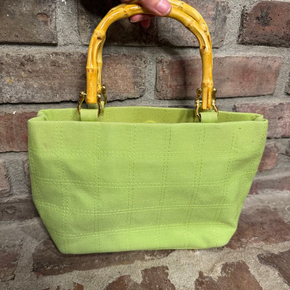 Light Lime Green Cloth Bamboo Style Double Handles Hand Bag Yellow Lining BOHO